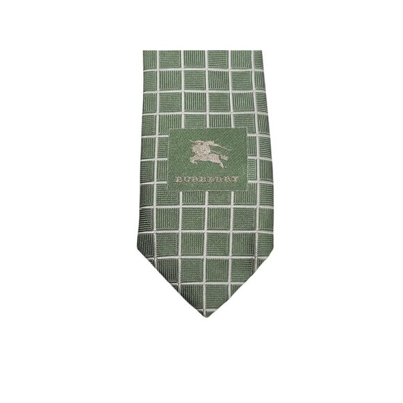Burberry London Neck Tie Silk Geometric Green Textured Grid 58.5" Made in Italy - Picture 4 of 10